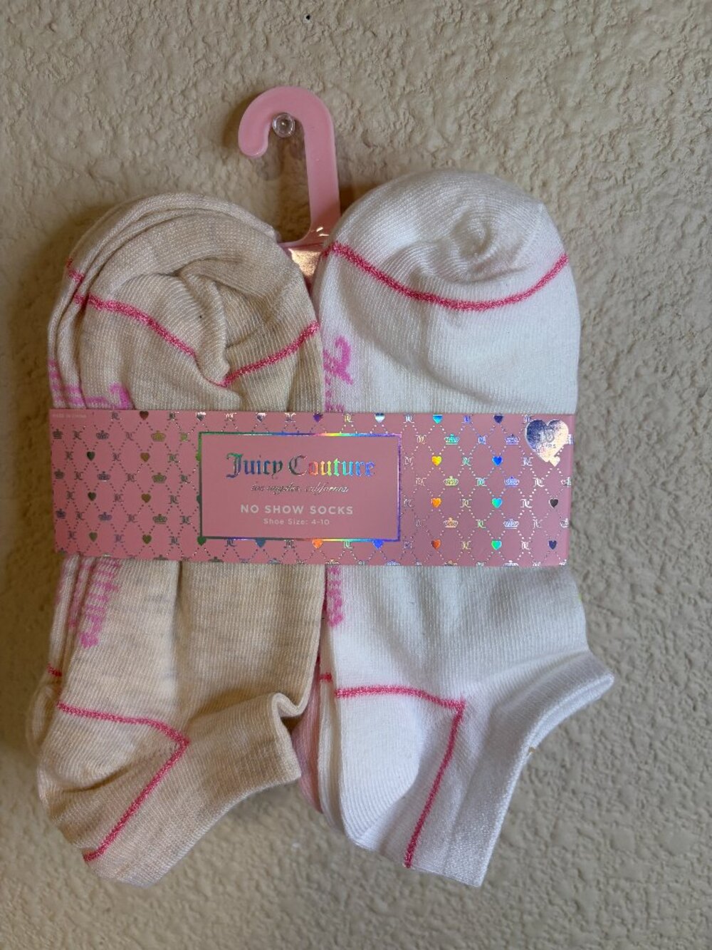 Juicy Couture 10 Pair No Show Socks Pink White Logo Shoe Size 4-10 NWT